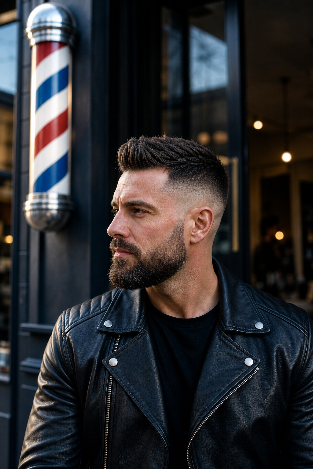 Client outside the shop with a fresh taper and shaped beard