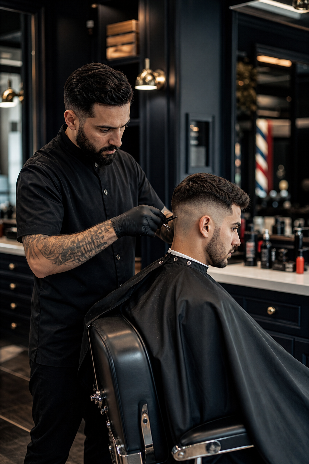 A barber working a clean fade on a client at Gibson's Barbershop